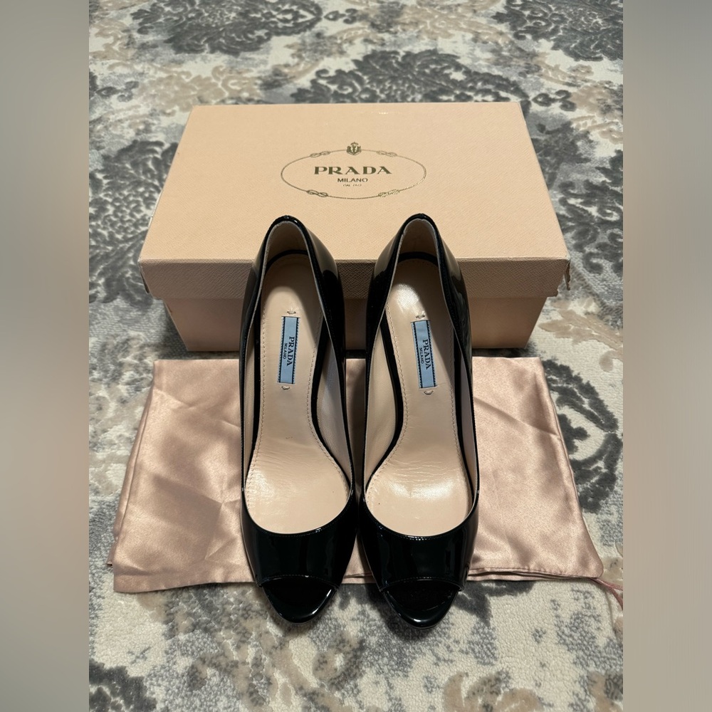 Prada Patent Leather Open Toed Stiletto Heels